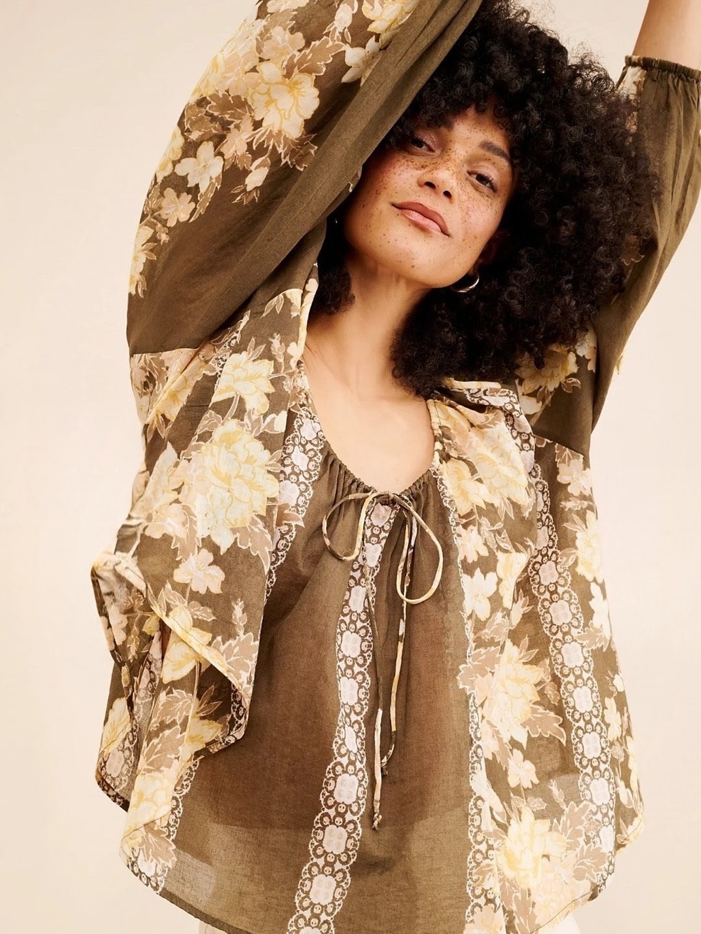 Free People Elena Printed Long Sleeve Balloon Sleeve Boho Blouse Top Olive S